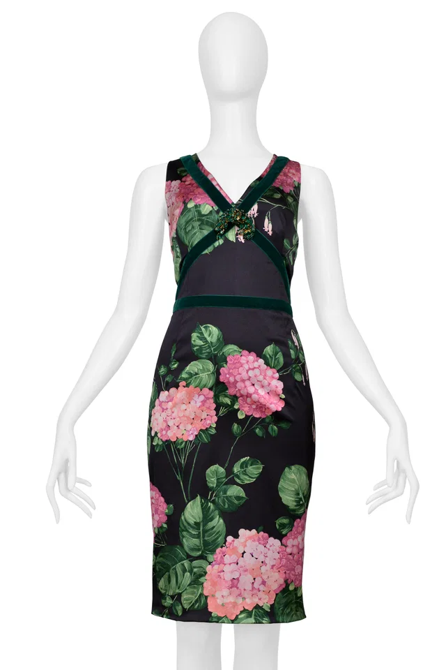 Dolce & Gabbana Charcoal Satin Dress With Pink Floral Print, Green Velvet Trim And Emerald Brooch in Green Velvet from Resurrection Vintage