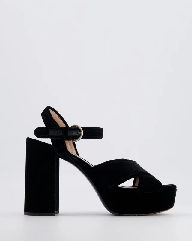 Miu Miu Black Velours Platform Heeled Sandals with Crossover Strap Detail Size EU 38.5 in Black from Sellier