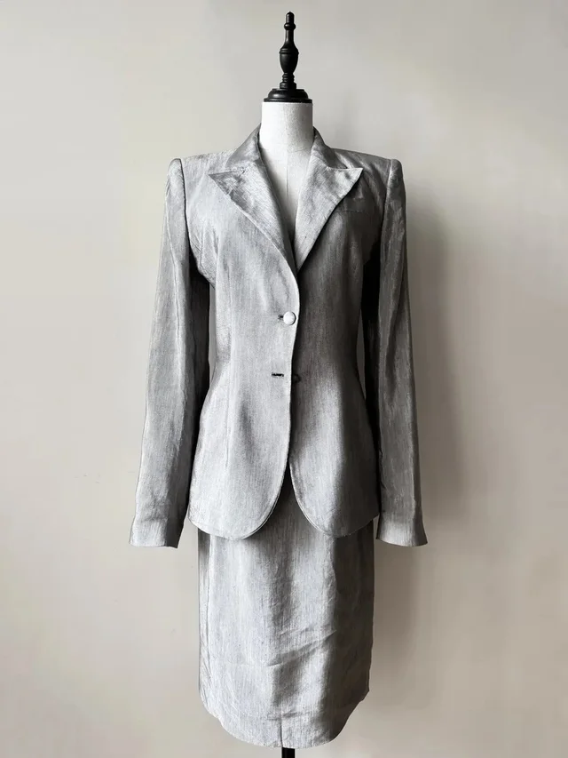 Alexander McQueen Vintage Ss99 Silver Blazer & Skirt Suit in gray|silver Woven leather from Grailed