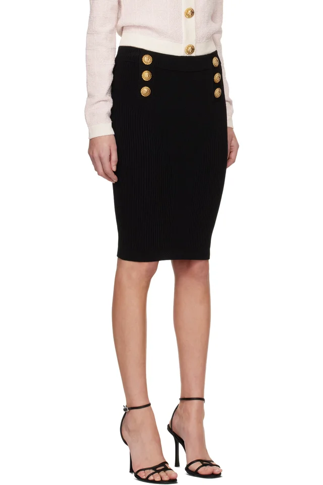 BALMAIN Black Knee Length Knit Midi Skirt, photo 2 of 4 from SSENSE
