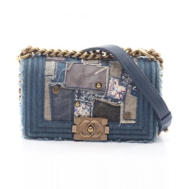 Chanel Shoulder Bag Boy Small Patchwork Antique Gold Denim Blue Ivory Multi in White Denim from The Reluxe
