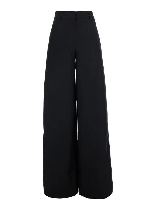 Msgm Black Pants with logo lettering embroidery on the side and wide leg in cotton for women in Black 100% Cotton, photo 2 of 6 from Gaudenzi Boutique