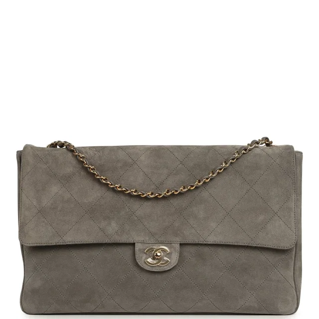Chanel Maxi "Souplissimo" Large Flap Bag Dark Grey Suede Gold Hardware in Grey Suede from Madison Avenue Couture