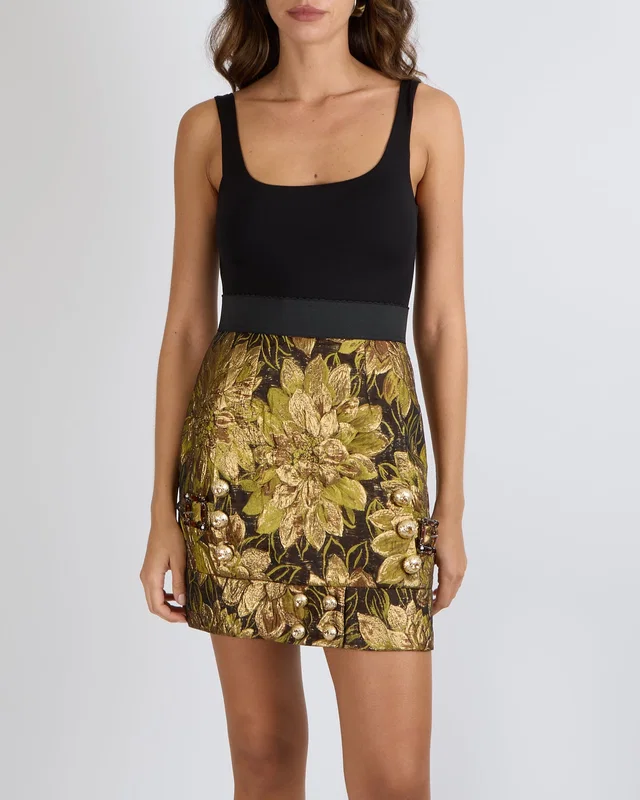 Dolce & Gabbana Black and Gold Floral Mini Skirt with Crystal Details Size IT 38 (UK 6) in Black from Sellier