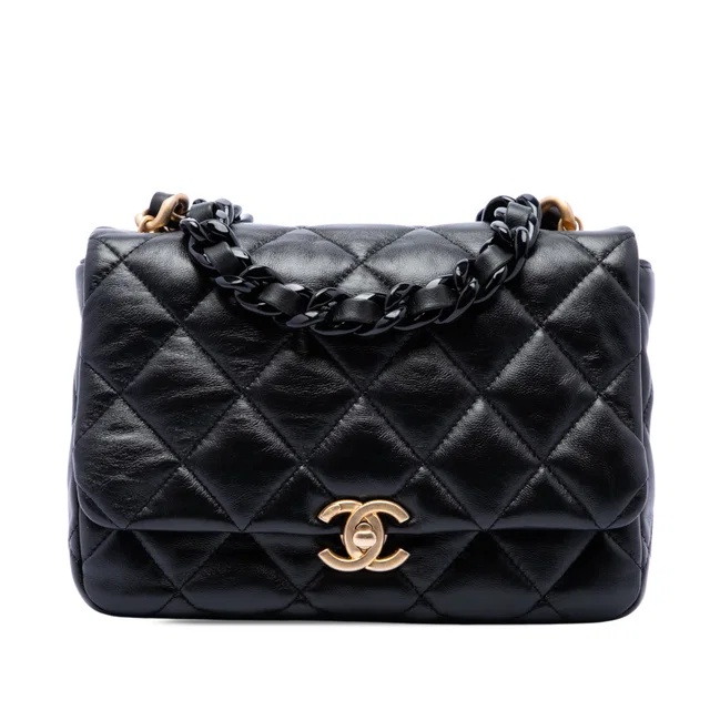 Black Chanel Small Quilted Lambskin Lacquered Chain Flap Crossbody Bag in Black Lambskin from Designer Revival