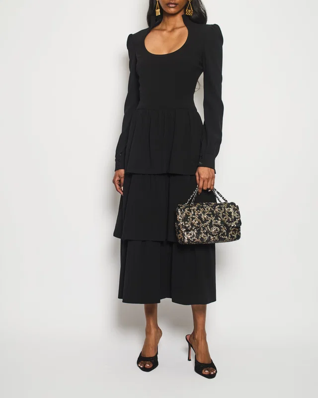 Tom Ford Black Long Sleeve Midi High Neck Dress With Layered Detail Size IT 40 (UK 8) in Black Wool from Sellier