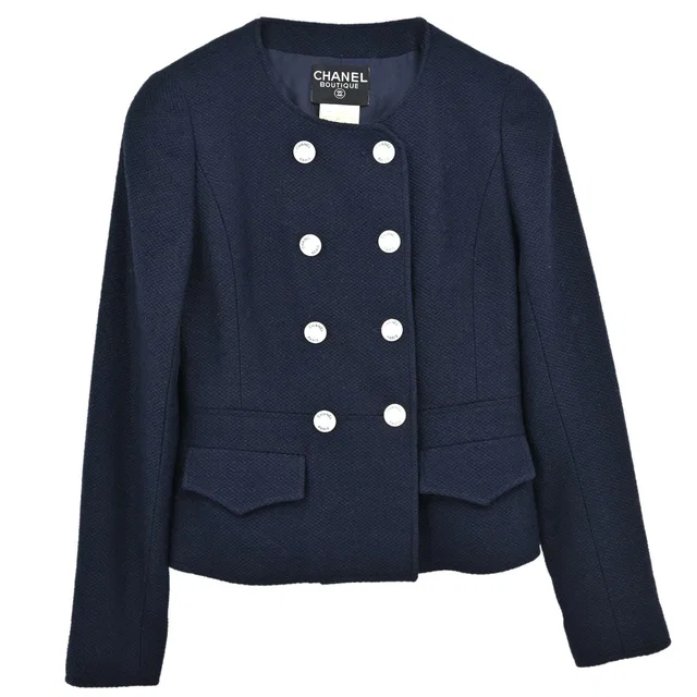 Chanel 1997 Collarless Tweed Jacket Navy #36 in Navy Tweed from AMORE Vintage Tokyo