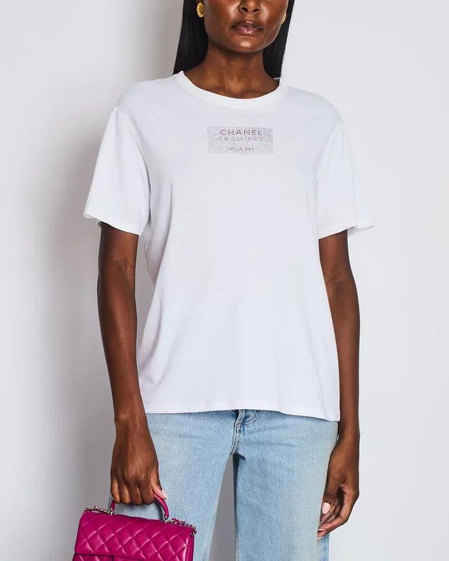 Chanel White T-shirt Rhinestones Detail “Croisiere Miami” Size M (UK 10) in White from Sellier