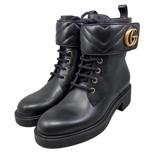 Gucci Boots Double G Ankle Leather Logo Black Gold in Black Leather from The Reluxe