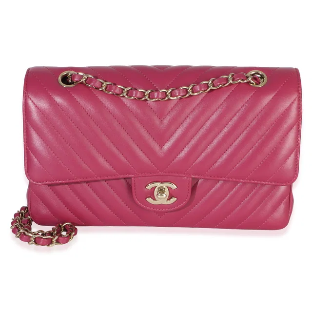 Chanel Fuchsia Chevron Lambskin Medium Classic Double Flap Bag in Pink Lambskin from myGemma