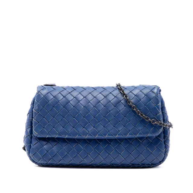 Blue Bottega Veneta Mini Nappa Intrecciato Expandable Chain Flap Crossbody in Blue Nappa leather from Designer Revival