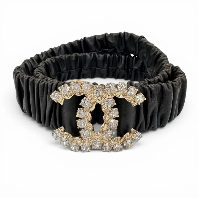 Chanel 21c CC Logo Rhinestone Leather Rubber Belt Black Gold in Black Leather from The Reluxe