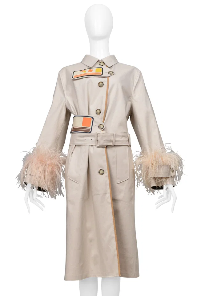 Prada Khaki Trench Coat With Velcro Patches And Feather Sleeves 2017 in Green Leather from Resurrection Vintage