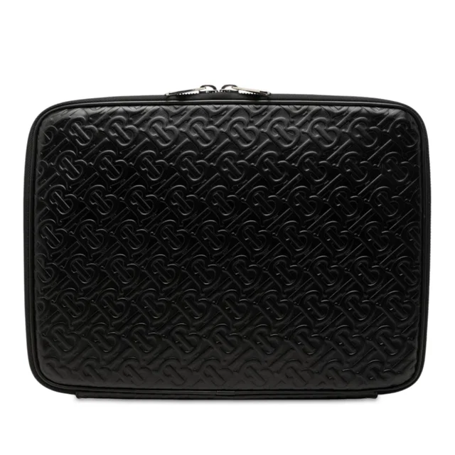 Black Burberry TB Monogram Embossed Calfskin Laptop Case Business Bag in Black Calfskin from Designer Revival