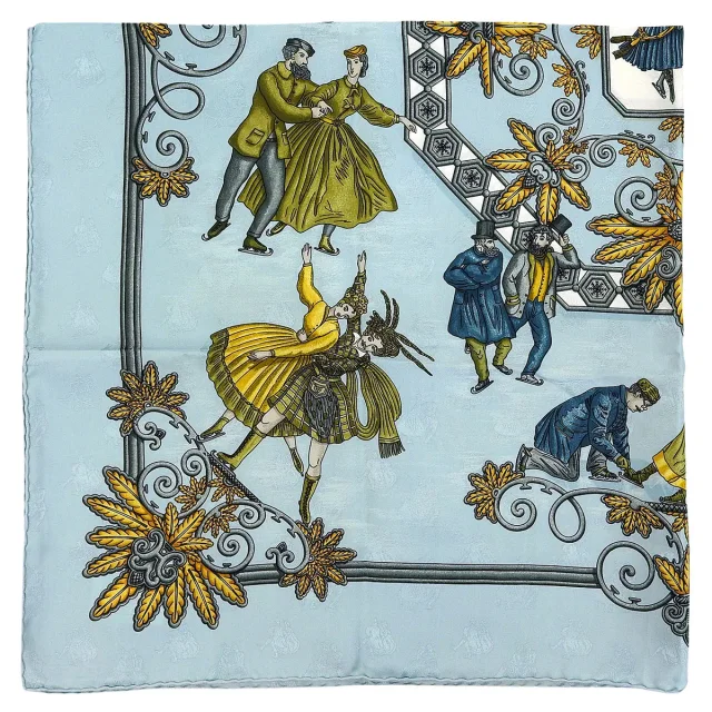 Hermès Carré 90 Les Joies d'Hiver Pattern Scarf Light Blue/Multi in Blue Silk from VINTAGE QOO TOKYO, photo 2 of 9