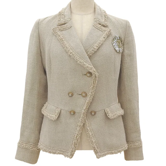 Chanel Tweed Linen Blend Double-Breasted Emblem Jacket #36 Beige in Beige Tweed from VINTAGE QOO TOKYO