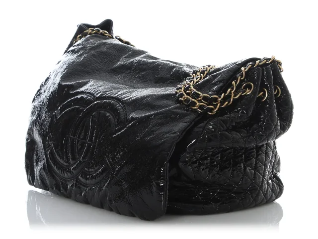 Chanel XL Black Vinyl Rock and Chain Flap in Black Satin from Ann's Fabulous Finds, photo 4 of 10