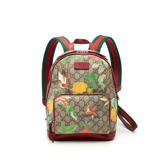 Beige Gucci Small GG Supreme Web Tian Backpack in Beige Coated canvas from Designer Revival