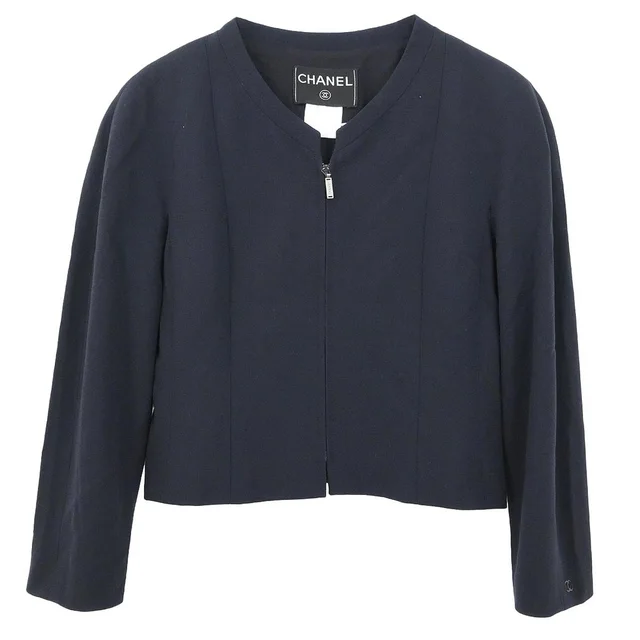 Chanel 1999 Single Breasted Zip Up Jacket Navy #38 in Navy Wool from AMORE Vintage Tokyo
