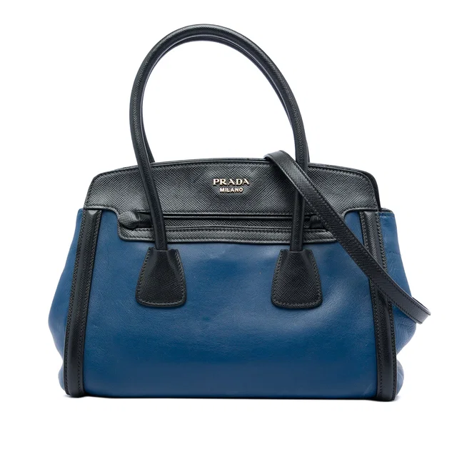 Blue Prada Bicolor Saffiano Trimmed City Calf Double Zip Satchel in Blue Saffiano leather from Designer Revival