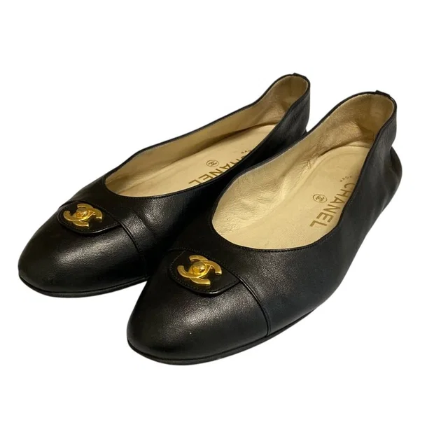 Chanel Turnlock CC Logo Plain Toe Shoes Flat Leather Pumps Black in Black Leather from The Reluxe