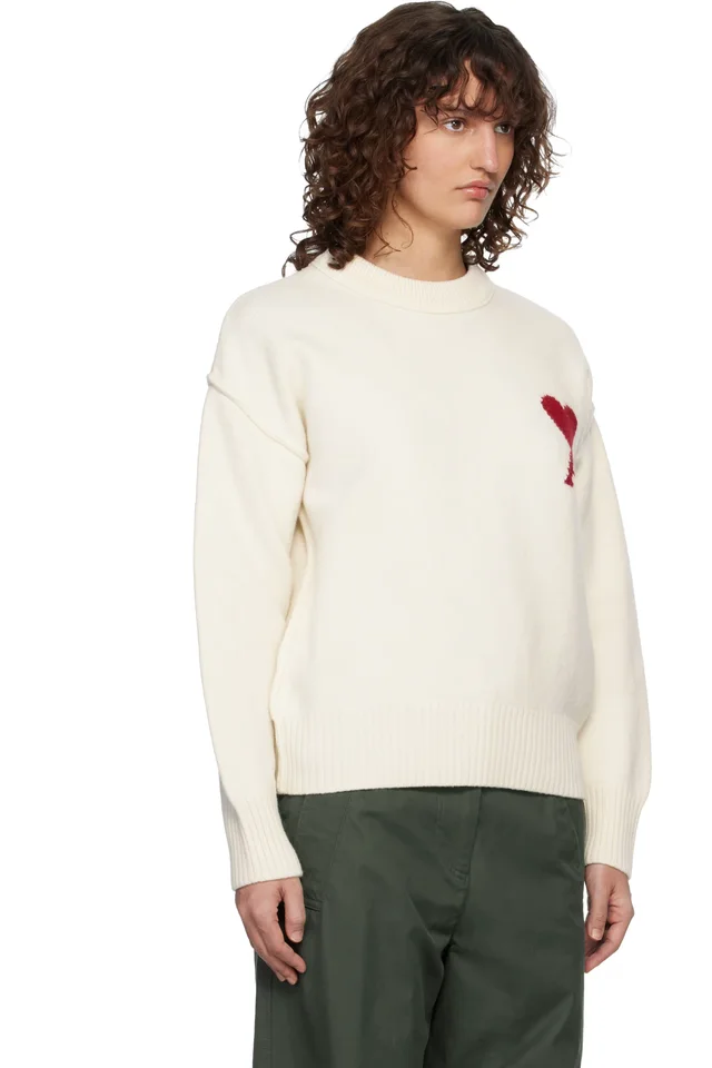 AMI Paris Off-White Wool Crewneck Ami de Coeur Sweater, photo 2 of 4 from SSENSE