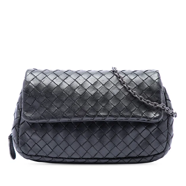 Black Bottega Veneta Mini Nappa Intrecciato Expandable Chain Flap Crossbody in Black Nappa leather from Designer Revival