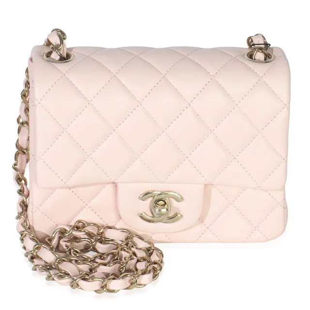 Chanel Pink Quilted Lambskin Mini Square Flap Bag Leather Handbag in Pink Lambskin from HEWI