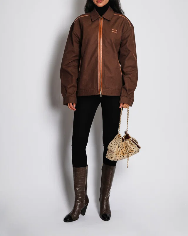 Miu Miu Brown Jacquard Zip Jacket with Logo and Leather Trim Detail Size IT 42 (UK 10) in Brown Leather from Sellier