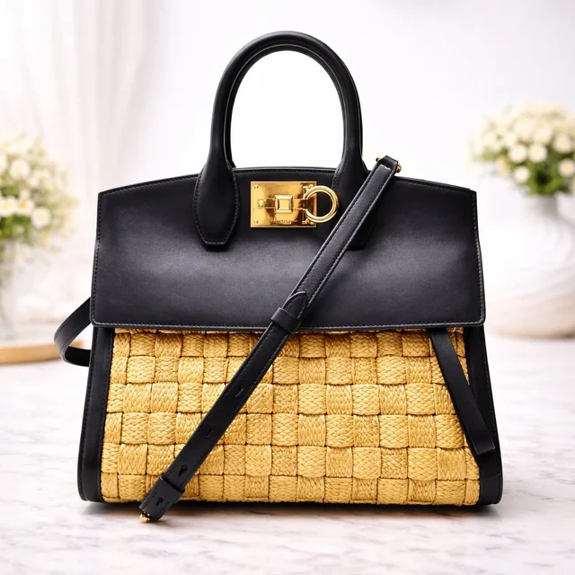 Ferragamo Studio Straw Leather Black Top Handle Crossbody in neutral|brown|gold|red|black Raffia from Poshmark