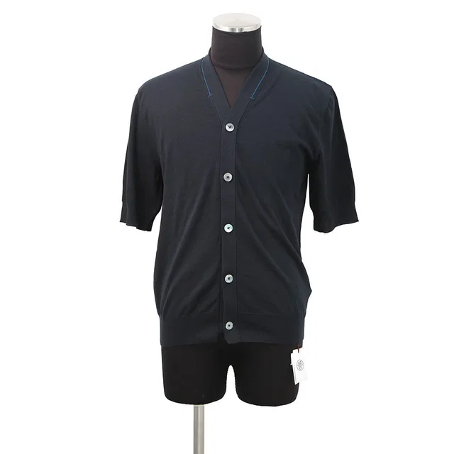 Hermès Short-sleeved cardigan 《H Baltack》 Size S Navy Cotton100% in Navy from GALLERY RARE