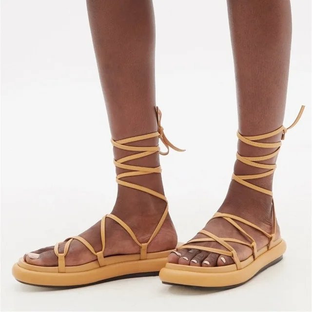 Khaite Alba Leather Wraparound Platform Sandals In Tan in black|brown|neutral Leather from Poshmark