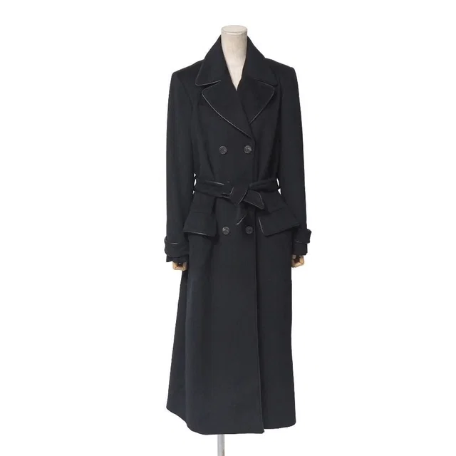 Celine Vintage Coat 40 Double Belted Leather Trim Long Cashmere Blend Angora in Cashmere from The Reluxe