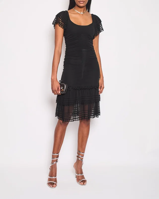Chanel 07C Black Short Sleeve Midi Dress With Crochet and Ruching Detail FR 36 (UK 8) in Black from Sellier