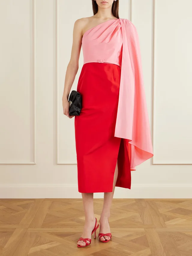 CAROLINA HERRERA Belted color-block silk-faille midi dress in Red, photo 2 of 2 from NET-A-PORTER (Canada)
