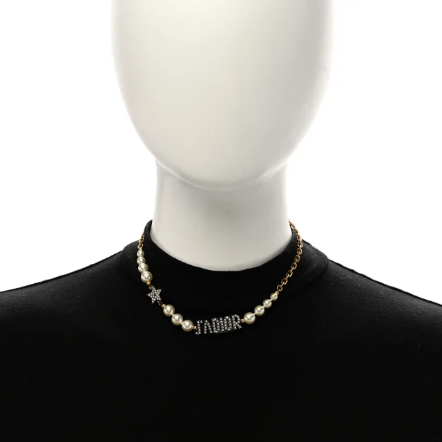 Dior Metal Pearl Crystal J'Adior Choker Necklace Antique Gold in Gold from FASHIONPHILE, photo 2 of 4