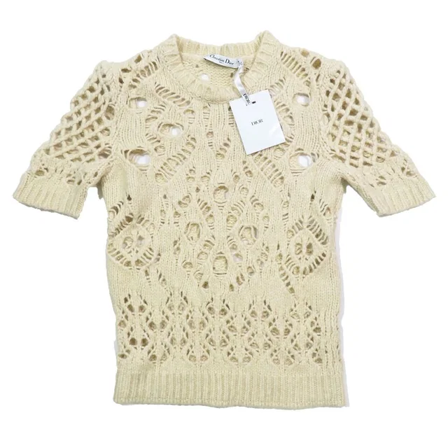 Dior Wool Camel Short Sleeve Crochet Knit Sweater 40 Ivory in Brown Wool from The Reluxe