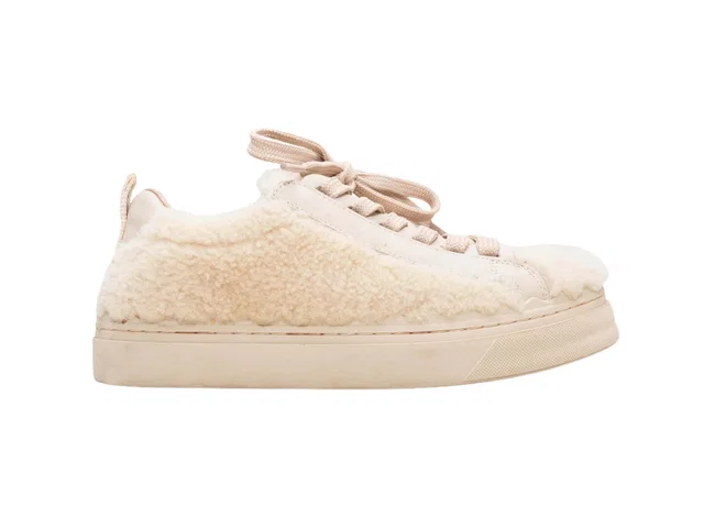 Cream Chloe Leather & Shearling Low-Top Sneakers Size 36 in White Leather from Designer Revival