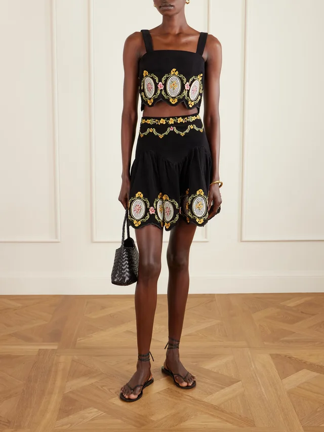 AGUA BY AGUA BENDITA Asai Cordillera scalloped embroidered cotton-blend velvet mini skirt in Black, photo 2 of 2 from NET-A-PORTER (Canada)
