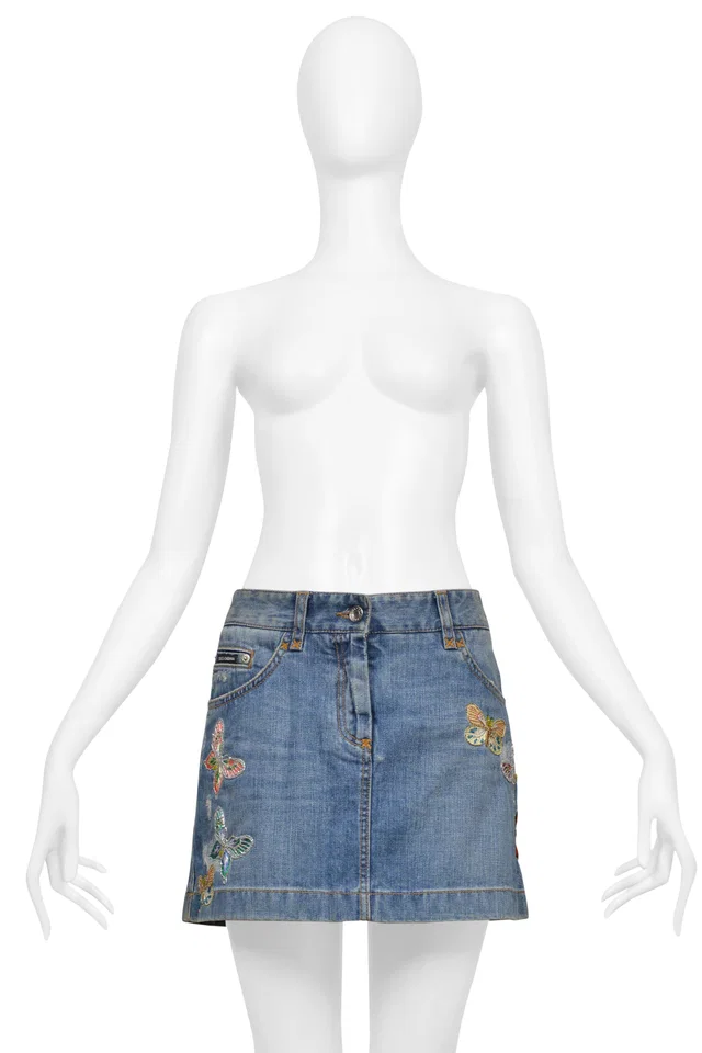 Dolce & Gabbana Blue Denim Super-mini Skirt With Embroidered Butterflies in Blue Denim from Resurrection Vintage