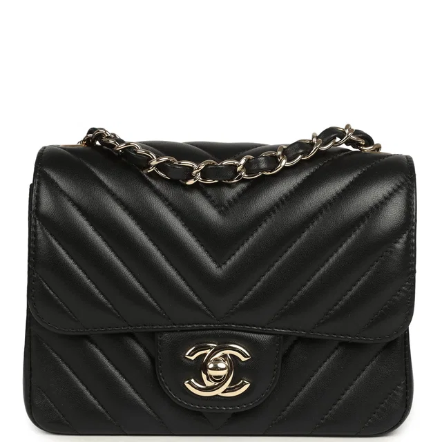 Chanel Mini Chevron Square Flap Bag Black Lambskin Light Gold Hardware in Black Lambskin from Madison Avenue Couture