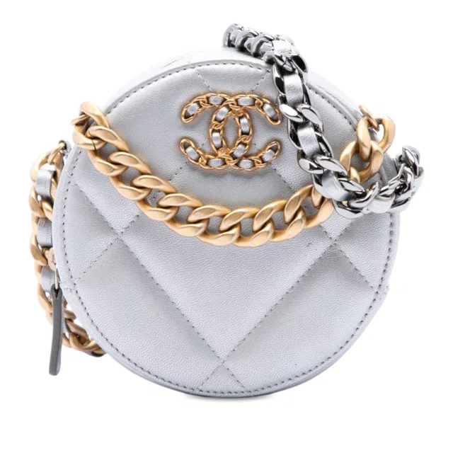 Silver Chanel Metallic Lambskin 19 Round Clutch with Chain Satchel in Silver Lambskin from Designer Revival