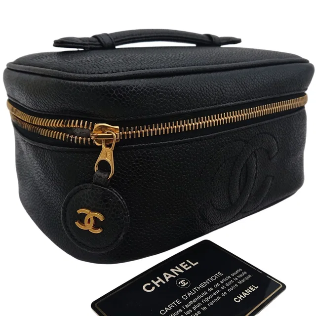 Chanel Vanity Bag Caviar Leather CC Logo Black Gold in Black Caviar leather from The Reluxe