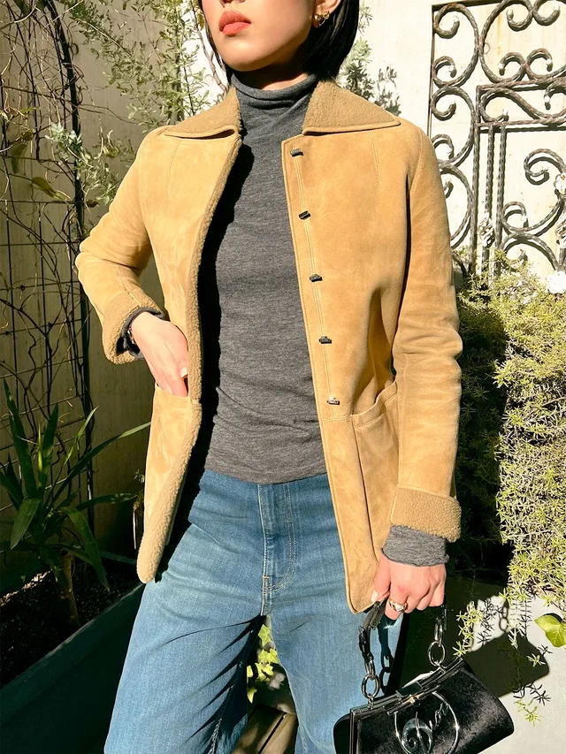Fendi Shearling Logo Button Jacket #38 Beige in Beige from VINTAGE QOO TOKYO