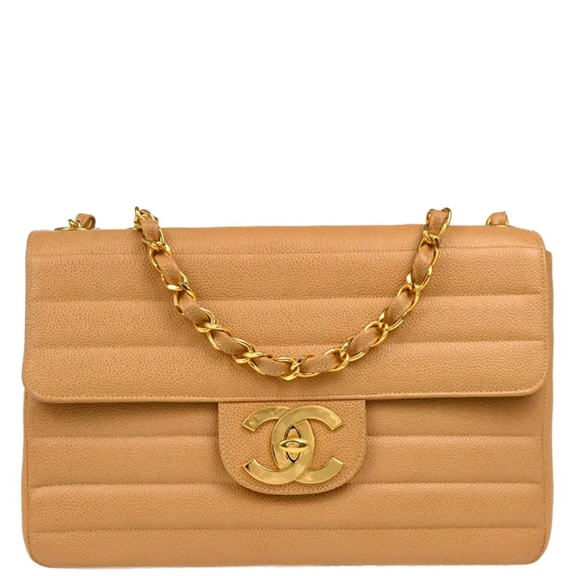 Chanel 1994-1996 Beige Caviar Jumbo Classic Flap Shoulder Bag in Beige Caviar leather from AMORE Vintage Tokyo