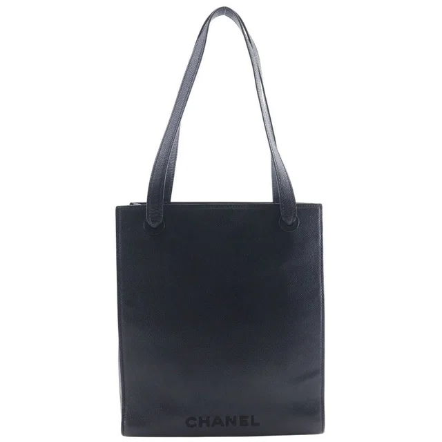 Chanel Logo Caviar Leather Black Tote Bag in Black Caviar leather from The Reluxe