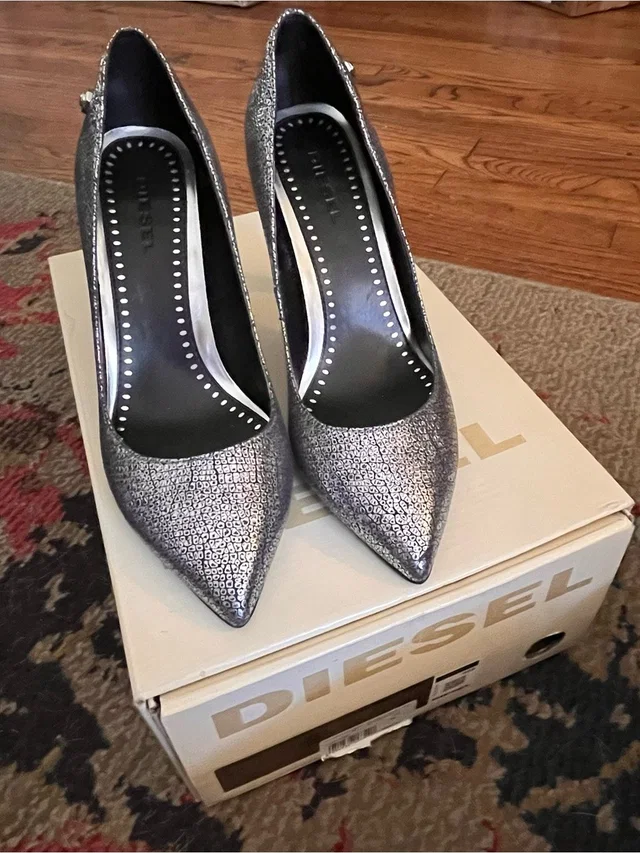 Diesel Metallic Textured Pointed-Toe Pumps in gray|black|silver from Poshmark