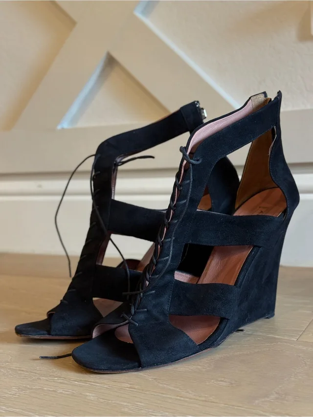 Alaïa Suede Lace-Up Cutout Wedge Sandals in black Suede from Poshmark