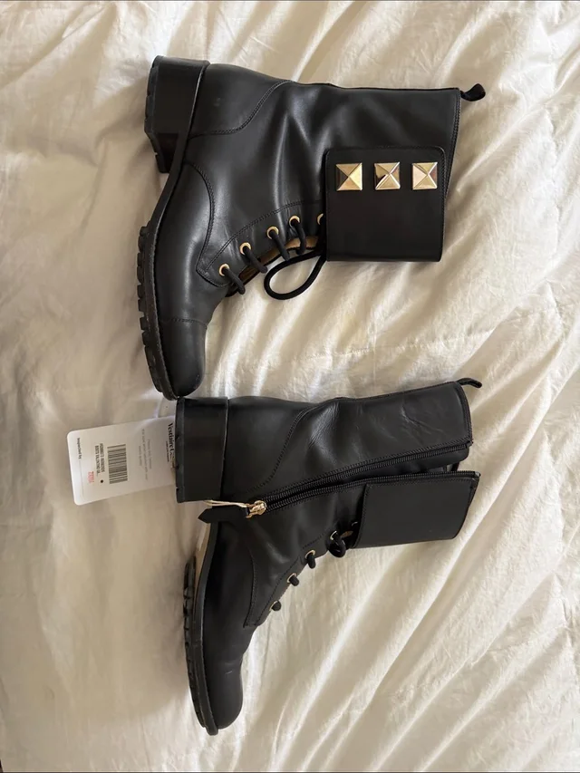 Valentino Garavani Black Leather Combat Boots With Gold Pyramid Studs in gold|black Leather from Poshmark