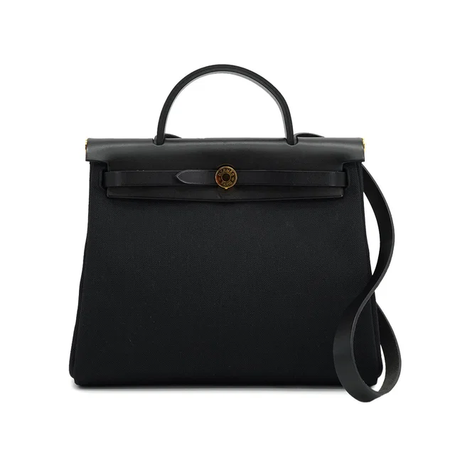 Hermès Her Bag Zip PM 31 Black Vache Hunter Toile Militaire Tote Shoulder Bag 2023 B Stamp in Black from Luxury Promise